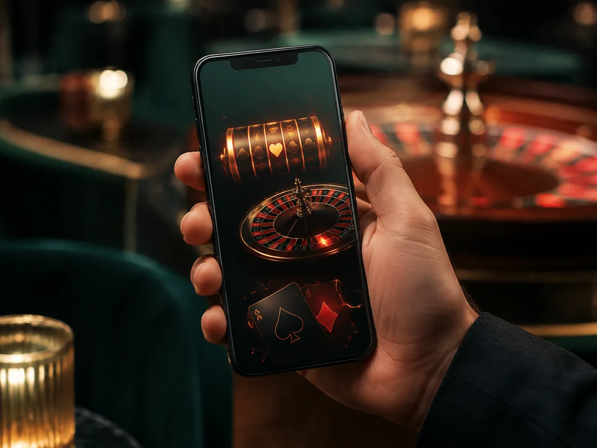 Ponsel dengan ikon hiburan kasino generik untuk pembahasan akses mobile
